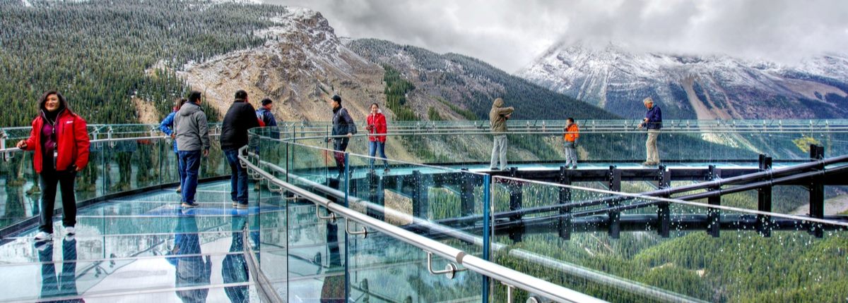 People walking on a glass-floor bridge above a forested valley in Alberta, Canada